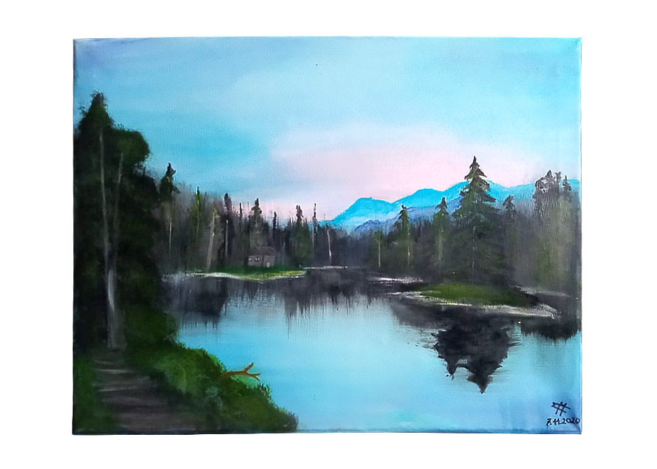 Mountain outdoors. A painting of a lake, forest and mountains.