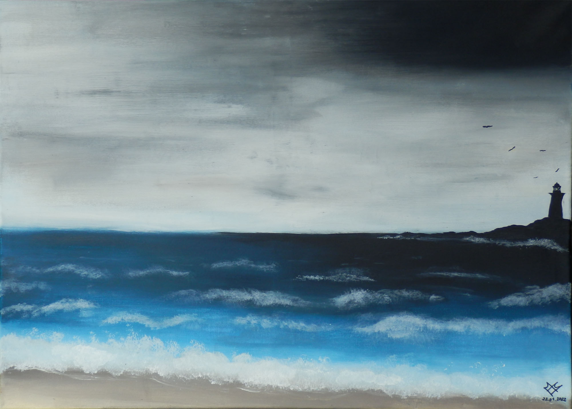 Painting of the sea before the storm. A lighthouse in the distance.