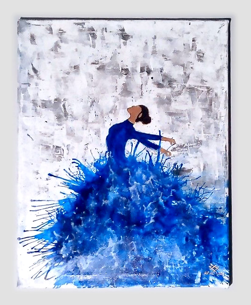 A painting of a dancer in a blue dress