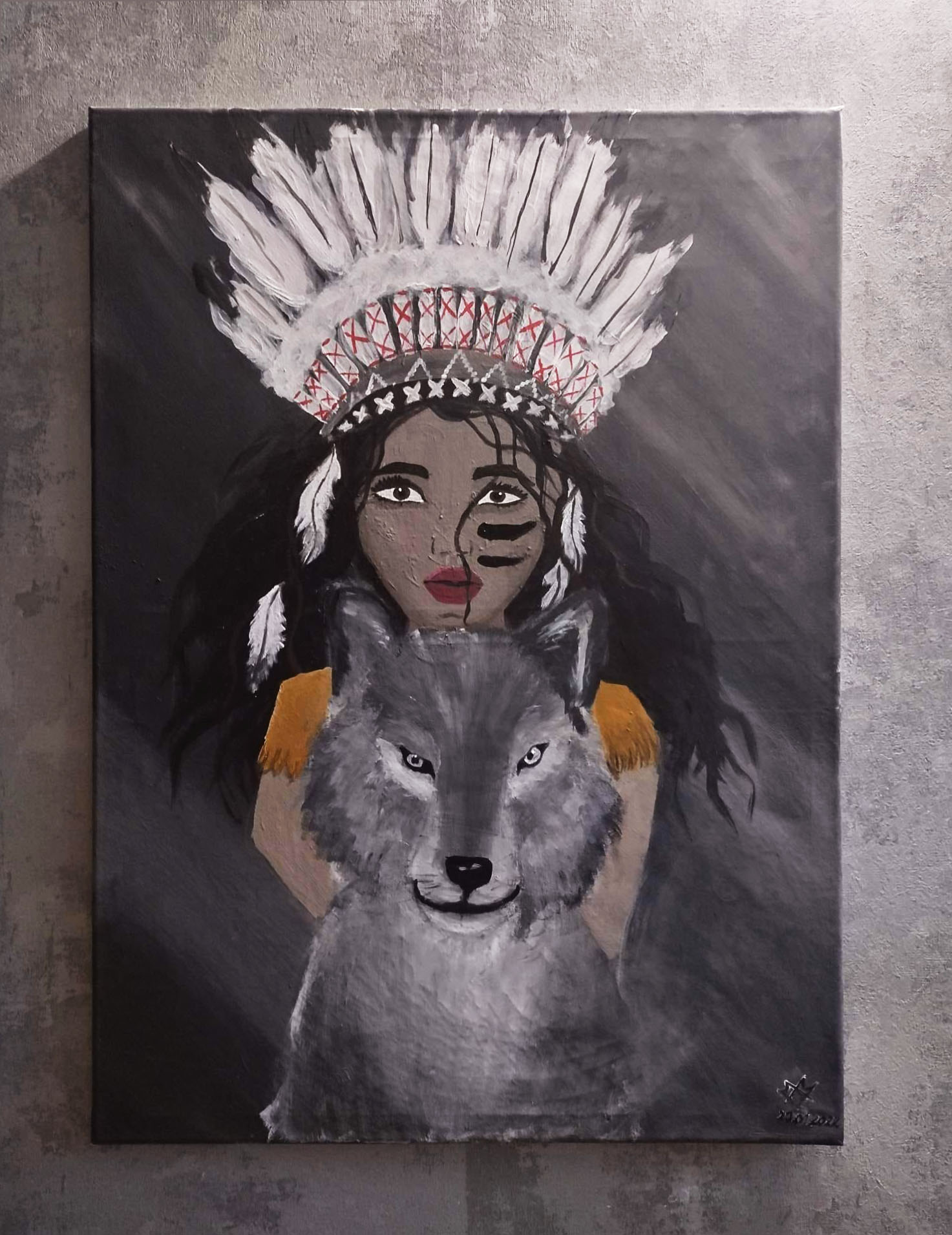 Acrylbild einer Indianerfrau mit einem Wolf.