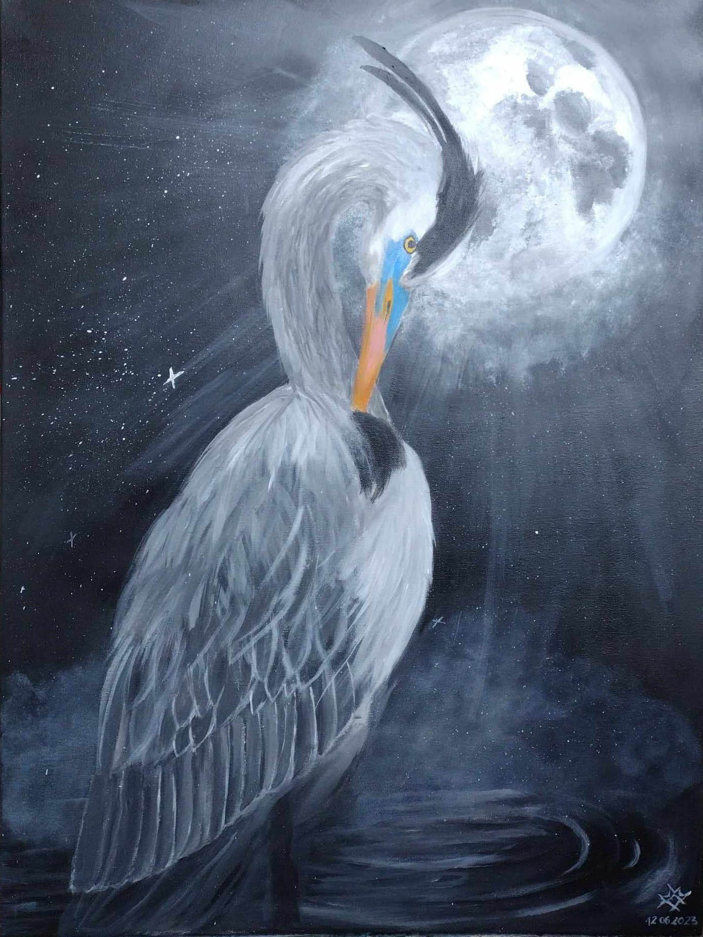 painting with a gray heron