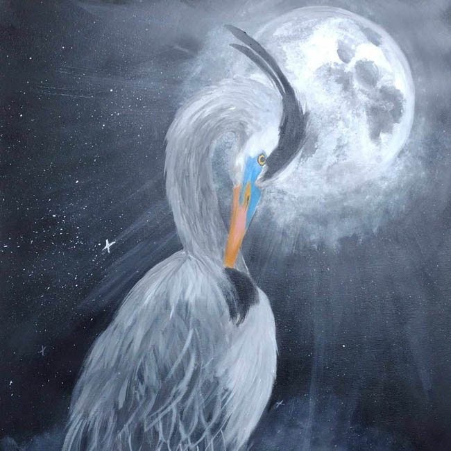 The Mariland painting of a grey heron against the moon backgroung